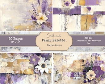 May include: A digital paper pack with 20 pages of abstract floral designs in shades of purple, white, and gold. The designs feature pansy flowers, leaves, and textured backgrounds. The pack is 8.5 inches by 11 inches and is 300 dpi. It is for commercial and personal use.