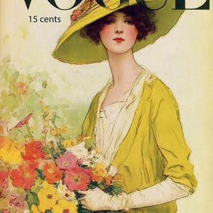 May include: Vogue magazine cover from August 1913. The illustration features a woman in a yellow hat and dress holding a bouquet of colorful flowers. The magazine title is in large black letters.