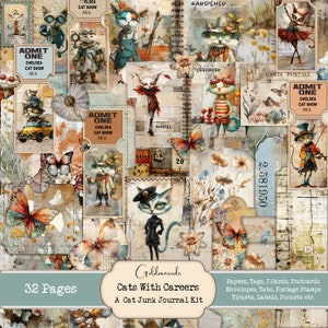 Cats With Careers - Un kit di diario spazzatura. 20 pagine doppie + 12 pagine A4 di effimeri. Stravagante. Artistico. Download immediato. Alta qualità.