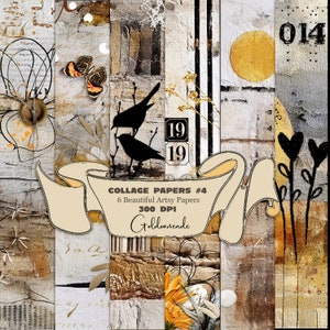 May include: A collage sheet with six different paper textures. The papers feature a variety of colors and patterns, including gold, brown, white, and black. The papers are perfect for scrapbooking, card making, and other craft projects. The text on the sheet reads "COLLAGE PAPERS #4 6 Beautiful Artsy Papers 300 DPI Goldennende".