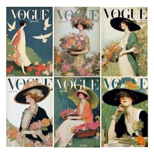 May include: Six vintage Vogue magazine covers. Each cover features an illustration of a woman in stylish attire. The covers display the Vogue logo, issue dates, and the price of 15 cents. The illustrations showcase floral arrangements and outdoor settings.