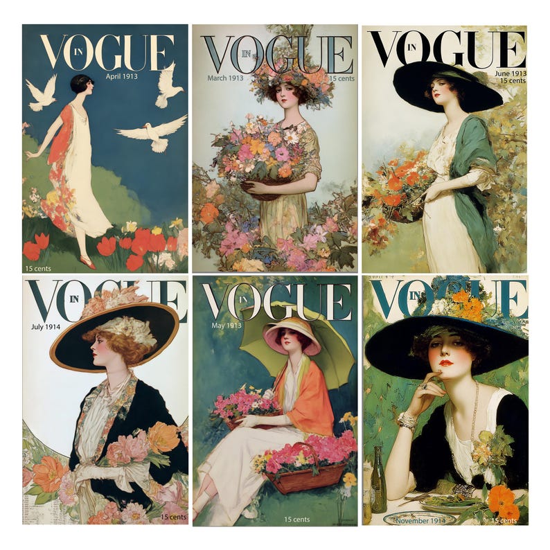 May include: Six vintage Vogue magazine covers. Each cover features an illustration of a woman in stylish attire. The covers display the Vogue logo, issue dates, and the price of 15 cents. The illustrations showcase floral arrangements and outdoor settings.