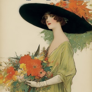 May include: Vogue magazine cover from July 1913. A woman in a green dress and a large black hat holds a bouquet of orange and yellow flowers. The magazine title is in large black letters.