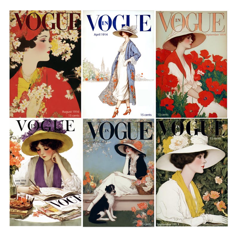 May include: Collection of vintage Vogue magazine covers. The covers feature illustrations of women in stylish attire, with floral and outdoor backgrounds. Each cover displays the magazine's logo and the price of 15 cents.