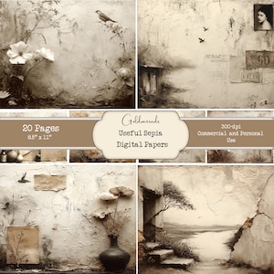 May include: A collection of sepia-toned digital papers with vintage-style illustrations. The image includes floral and architectural elements, with a bird perched on a branch. The text reads "20 Pages 8.5" x 11" Useful Sepia Digital Papers".