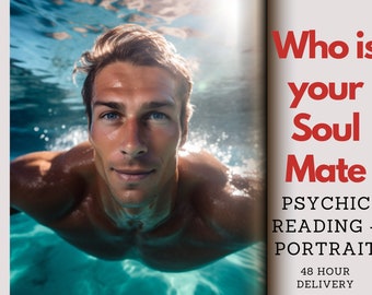 May include: A man with blue eyes looks at the camera while swimming underwater. The text "Who is your Soul Mate" is in red letters on a white background. The text "PSYCHIC READING + PORTRAIT" is in black letters on a white background. The text "48 HOUR DELIVERY" is in black letters on a white background.
