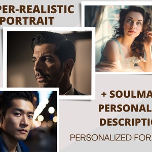 Pode incluir: Um servi&ccedil;o de arte digital que oferece retratos hiper-realistas e descri&ccedil;&otilde;es de personalidade da sua alma g&ecirc;mea, personalizadas para voc&ecirc;. A imagem mostra tr&ecirc;s retratos de pessoas, dois homens e uma mulher.