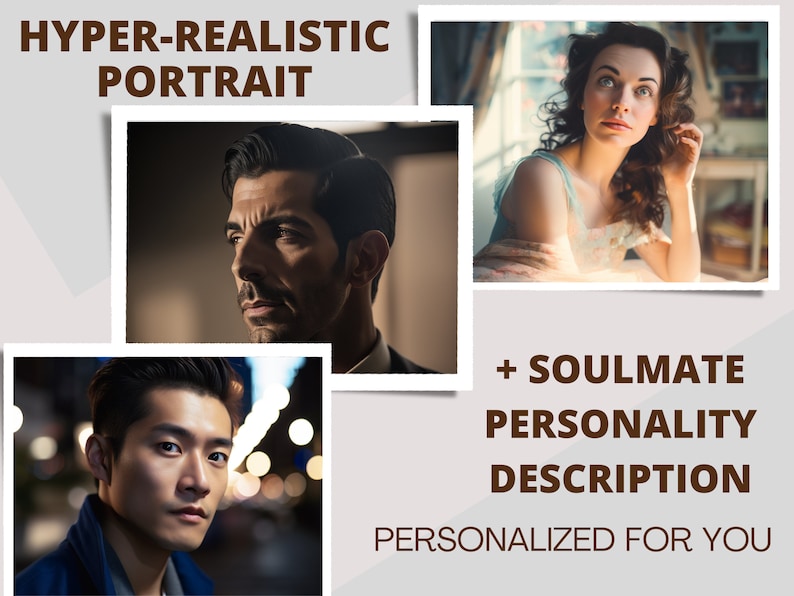 Pode incluir: Um servi&ccedil;o de arte digital que oferece retratos hiper-realistas e descri&ccedil;&otilde;es de personalidade da sua alma g&ecirc;mea, personalizadas para voc&ecirc;. A imagem mostra tr&ecirc;s retratos de pessoas, dois homens e uma mulher.