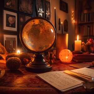 Pode incluir: Uma mesa fracamente iluminada com um globo, velas e outros objetos decorativos. A mesa est&aacute; coberta com uma toalha de mesa estampada em vermelho e dourado. H&aacute; um caderno e uma caneta sobre a mesa.