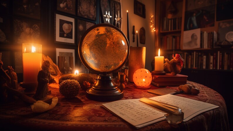 Pode incluir: Uma mesa fracamente iluminada com um globo, velas e outros objetos decorativos. A mesa est&aacute; coberta com uma toalha de mesa estampada em vermelho e dourado. H&aacute; um caderno e uma caneta sobre a mesa.