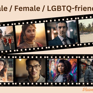 Pode incluir: Uma colagem de imagens com pessoas diversas, mostrando uma variedade de idades, etnias e identidades de g&ecirc;nero. As imagens s&atilde;o apresentadas em um formato de tira de filme, com o texto "Male / Female / LGBTQ-friendly" no topo.
