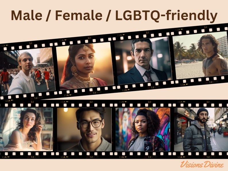 Pode incluir: Uma colagem de imagens com pessoas diversas, mostrando uma variedade de idades, etnias e identidades de g&ecirc;nero. As imagens s&atilde;o apresentadas em um formato de tira de filme, com o texto "Male / Female / LGBTQ-friendly" no topo.