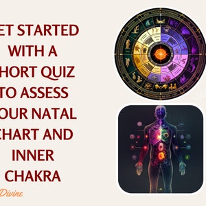 Pode incluir: Uma ilustra&ccedil;&atilde;o gr&aacute;fica de um corpo humano com um sistema de chakras colorido sobreposto. A imagem tamb&eacute;m inclui um gr&aacute;fico circular com s&iacute;mbolos astrol&oacute;gicos e um texto sobreposto que diz "Get Started With A Short Quiz To Assess Your Natal Chart And Inner Chakra".