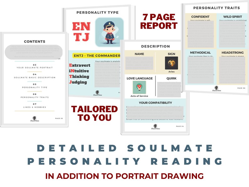 Pode incluir: Um relat&oacute;rio de 7 p&aacute;ginas com uma leitura detalhada da personalidade e um desenho de retrato. O relat&oacute;rio inclui um tipo de personalidade, tra&ccedil;os, linguagem de amor e compatibilidade. O relat&oacute;rio &eacute; adaptado a voc&ecirc;.