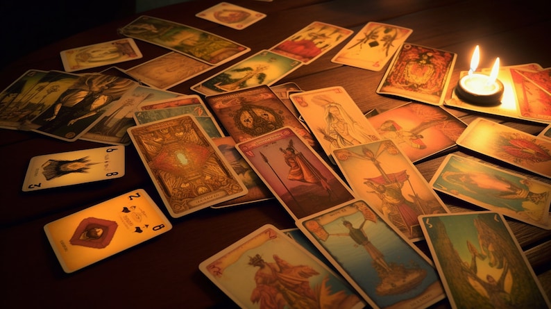 Pode incluir: Um conjunto de cartas de tar&ocirc; sobre uma mesa de madeira com uma vela acesa no fundo. As cartas est&atilde;o dispostas em um padr&atilde;o aleat&oacute;rio e apresentam v&aacute;rias ilustra&ccedil;&otilde;es e s&iacute;mbolos.