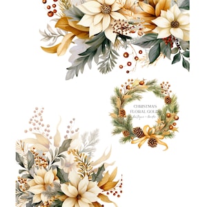 Watercolo Gold Christmas Clipart, Cozy Christmas, Winter Clipart, Watercolor Christmas Wreath PNG, Winter Set