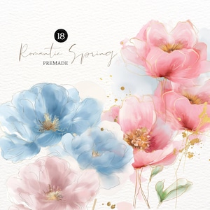 Clipart fiori astratti dell'acquerello blu rosa oro fiore PNG peonie cornici floreali ghirlanda floreale primavera floreale rosa e blu fiore Clipart