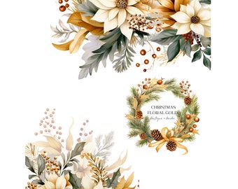 Watercolo Gold Christmas Clipart, Cozy Christmas, Winter Clipart, Watercolor Christmas Wreath PNG, Winter Set