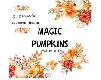 Watercolor Autumn Clipart, Fall Clipart, Watercolor Pumpkin Clipart, Watercolor Autumn Set, Fall Flowers, Premade Clipart, Thanksgiving