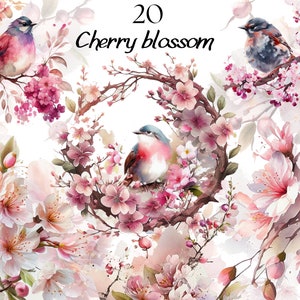 Clipart de flores de cerejeira aquarela, buquês frescos de primavera floral rosa, clipart de flor pastel blush rosa, lindo clipart de flor de cerejeira
