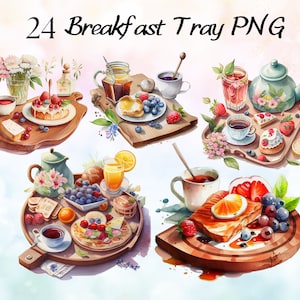 Puede incluir: Cinco ilustraciones de acuarela de bandejas de desayuno con diversos alimentos y bebidas. Cada bandeja presenta una base de madera con una variedad de artículos de desayuno, que incluyen pasteles, frutas, té, café y jugo. Las ilustraciones están pintadas en un estilo realista con colores vibrantes.