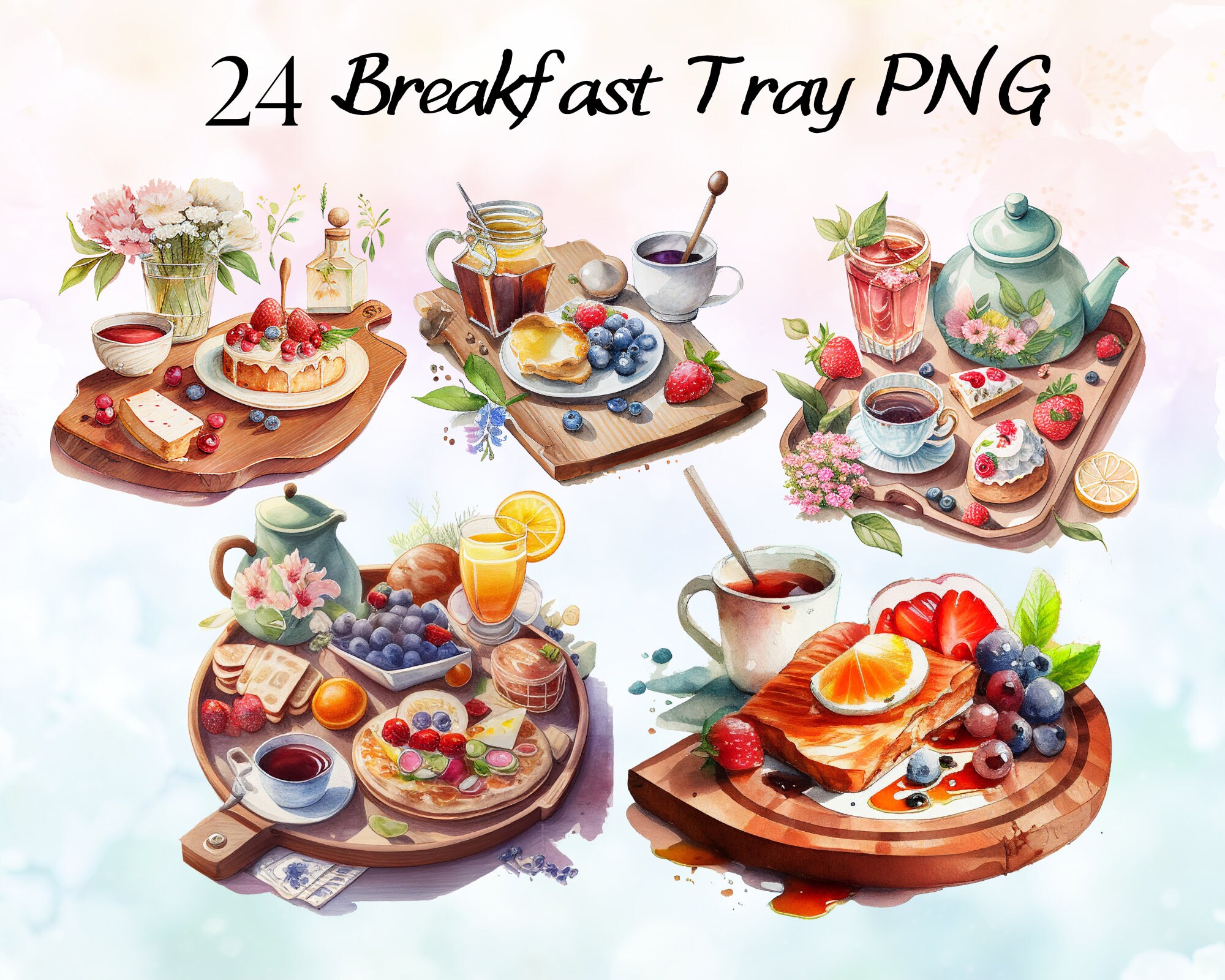 24 Watercolour Tea Time Clipart Bundle, Cozy Breakfast Tray, Vintage
