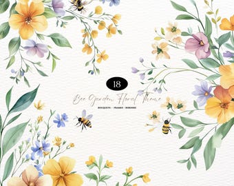 Acuarela Abeja Jardín Floral Clipart Abeja de miel Clipart Abeja de miel PNG Abejorro Panal de miel Abeja Verano Floral Invitación Primavera Jardín PNG