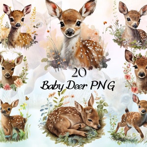 Bundle de cliparts aquarelle kawaii faon à usage commercial, graphismes mignons de cerf, animaux de la forêt, clipart bébé cerf fauve