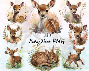 Watercolor Kawaii Fawn Clipart Bundle Commercial Use, Cute Deer Graphics, Woodland Animals, Fawn Baby Deer Clipart