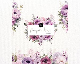 Purple Rose Watercolor Clipart PNG Rose Clipart Purple Flowers Wedding Flowers Bouquet Wreath Wedding Shower Wedding Invitation Victorian