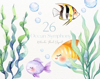 Watercolor Ocean Symphony Clipart Undersea Creatures Set Cute Ocean Animals Nursery Decor Marine Life Octopus Jellyfish Whale Baby Shower