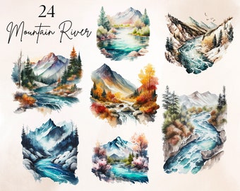 Watercolour Mountain River Clipart Bundle, Watercolor Landscape Clipart, River Spring Clipart, Mountain Clipart