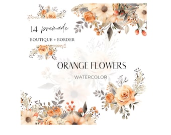 Aquarelle Boho Orange Fleurs Clipart, Aquarelle Boho Fleur, Boho Fleur PNG, Aquarelle Boho Fleurs Clipart, Mariage Boho, Boho Clipart