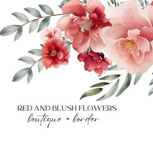 Clipart de flores vermelhas e blush em aquarela, clipart floral vermelho, clipart de buquês de flores vermelhas, molduras pré-fabricadas de casamento floral, boutique, borda
