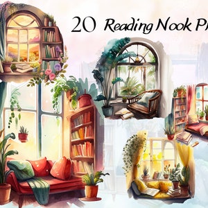 Watercolor Reading Nook Clipart Bundle, Bookworm Book PNG, Reading Corner Clipart, Bookworm Clipart, Cottagecore Interior Reading Corner PNG