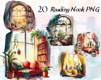 Watercolor Reading Nook Clipart Bundle, Bookworm Book PNG, Reading Corner Clipart, Bookworm Clipart, Cottagecore Interior Reading Corner PNG