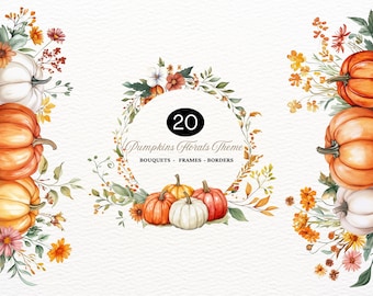 Kürbisse und Blumen Aquarell Herbst Clipart Herbst Blumensträuße Herbst Kürbis Clipart Bundle Kürbis Terrakotta Blumen gemütlich Herbst Erntedank
