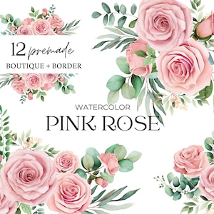 Clipart rose acquerello, clipart fiore rosa chiaro, clipart eucalipto, clipart floreale rosa preconfezionata, set verde bordo angolo eucalipto