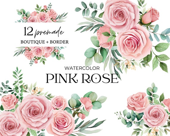 Watercolor Roses Clipart, Light Pink Flower Clipart, Eucalyptus Clipart, Premade Rose Floral Clipart, Eucalyptus Corner Border Greenery Set
