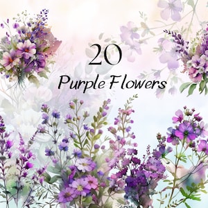 Clipart de flores silvestres roxas em aquarela, PNG de flores roxas em aquarela, clipart floral, buquê de flores silvestres, pacote de clipart floral de flores do prado