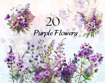 Watercolor Purple Wildflower Clipart, Watercolor Purple Flower PNG, Floral Clipart, Wildflower Bouquet, Meadow Flowers Floral Clipart Bundle