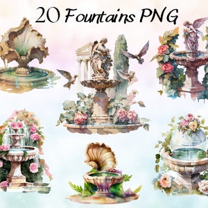 20 Watercolor Fountains Clipart Bundle, Fantasy Floral Fountain Clipart, Fantasy Garden Fountain PNG, Floral Birdbath Clipart, Sublimation
