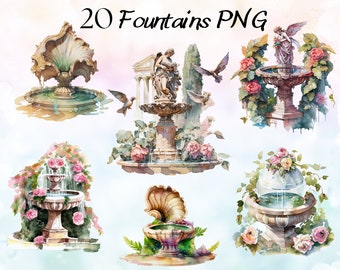Paquete de imágenes prediseñadas de 20 fuentes de acuarela, imágenes prediseñadas de fuente floral de fantasía, fuente de jardín de fantasía PNG, imágenes prediseñadas de baño de pájaros florales, sublimación