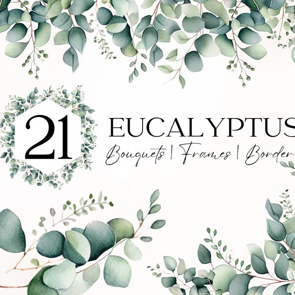 Aquarelle de feuilles d'eucalyptus Clipart, clipart verdure douche Eucalyptus, feuilles vertes Clipart Eucalyptus coin bordure Clipart verdure ensemble