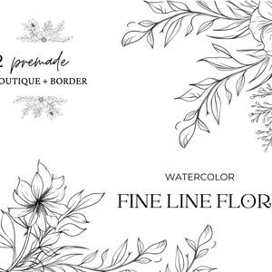 Floral lijntekeningen, botanische lijntekeningen illustraties, minimalistische lijnbloemen, huwelijksuitnodiging, premade fijne lijn bloemen clipart