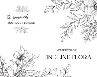 Floral Line Art Illustrationen, Minimalistische Linie Blumen, Hochzeitseinladung, Vorgefertigte Fine Line Floral Clipart