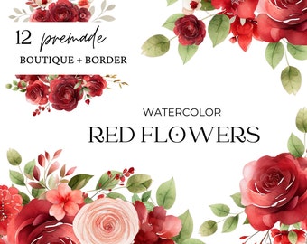 Watercolor Red Rose Boutique Clipart, Red Flower Clipart, Red Rose Florals, Wedding Invitation, Premade Frames, Boutique, Border