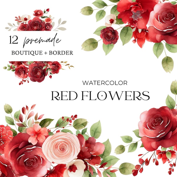 Watercolor Red Rose Boutique Clipart, Red Flower Clipart, Red Rose Florals, Wedding Invitation, Premade Frames, Boutique, Border