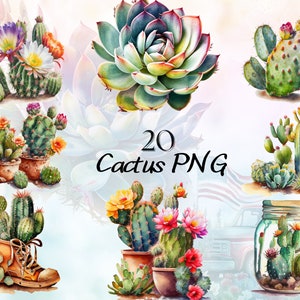 Bundle de cliparts aquarelle cactus, succulentes PNG en pot, Cactus mexicain verdure Clip Art, cactus du désert PNG, PNG succulentes