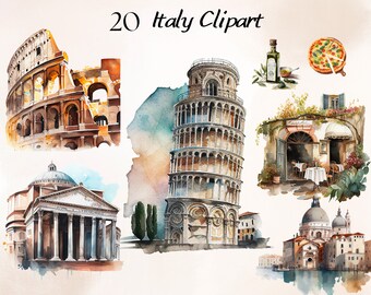 Aquarelle Italie Clipart Bundle, Italie PNG, Italie voyage Clipart Bundle, Clipart italien, olive, boulangerie, vin, clipart crème glacée, pizza PNG